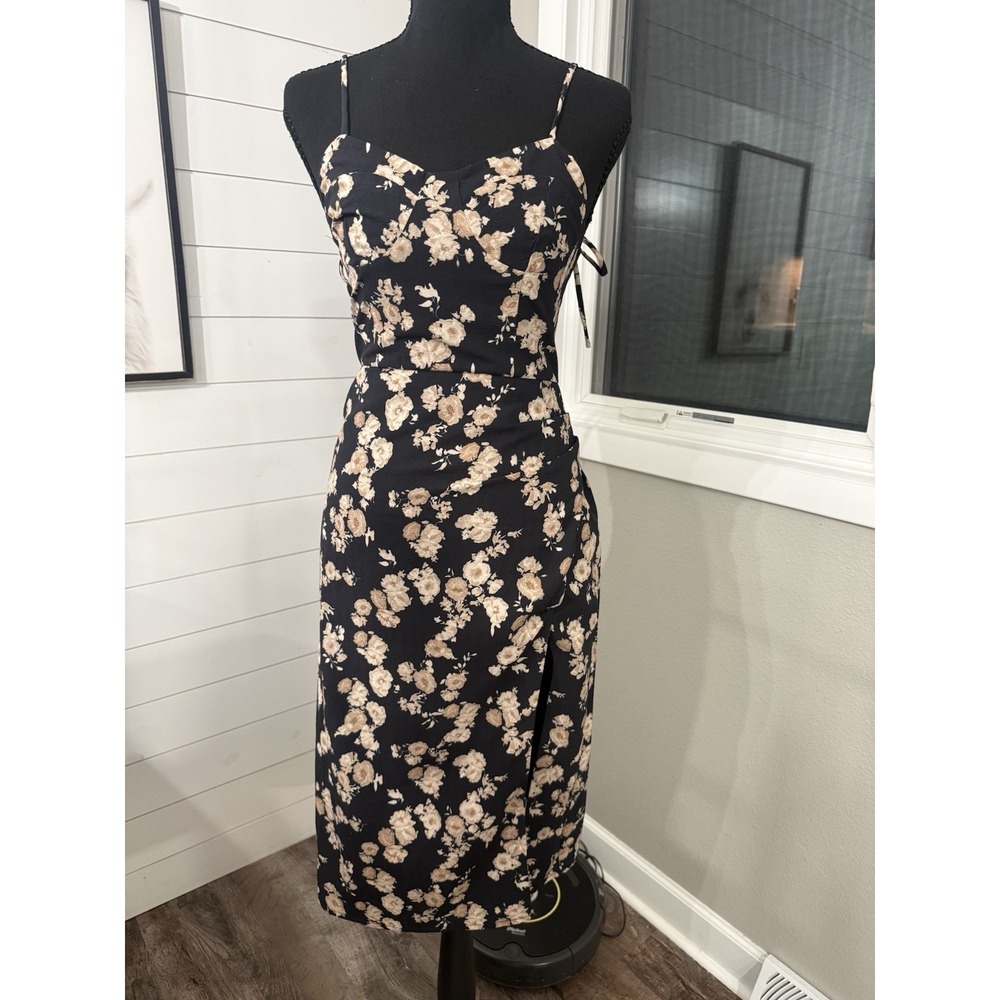 Alter'd State Women's Midi Dress Size Medium Black Beige Floral Straps